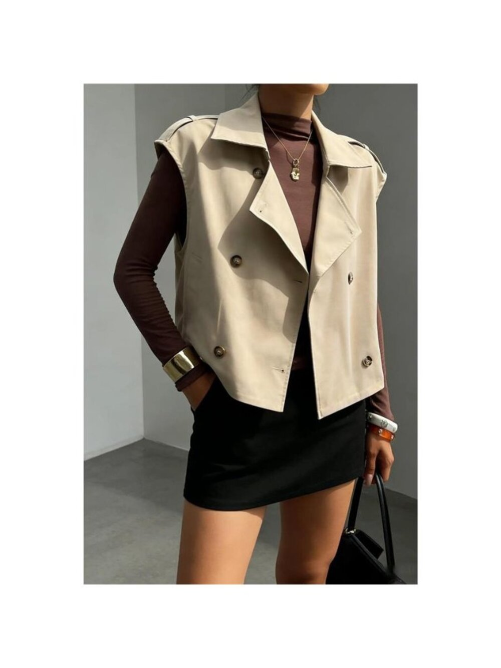 Double-Breasted Cropped Trench Vest Coat